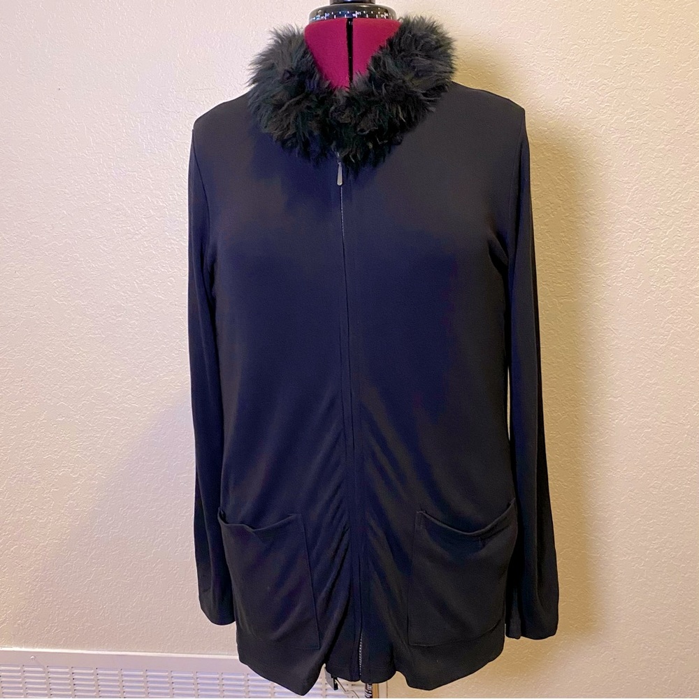 Carole Little | Black Zipper Jacket with Fur Collar L 🦨
